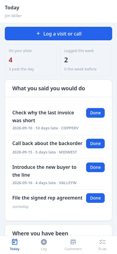 The phone screen a field rep uses to log a visit between calls.