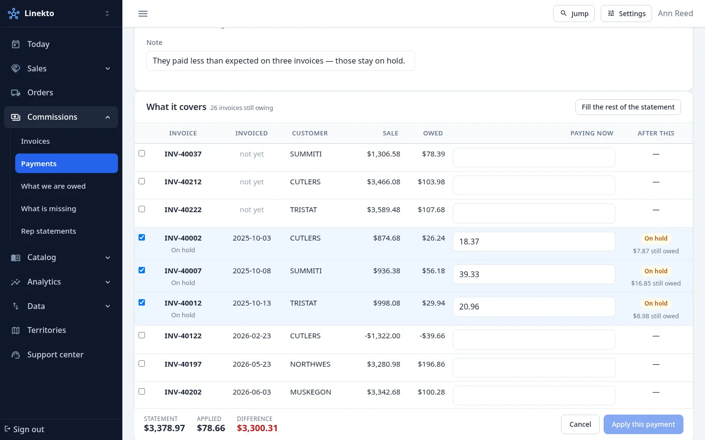 A manufacturer check matched line by line against commission invoices, with the unapplied balance called out.