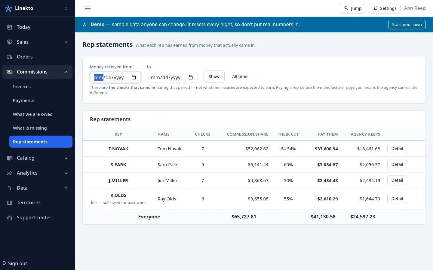 A rep statement built from invoices that were actually paid, ready to send.
